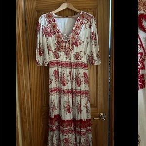 Red Pleated Tiered Maxi Dress with Puff Sleeves sz XL (fits like a Large)